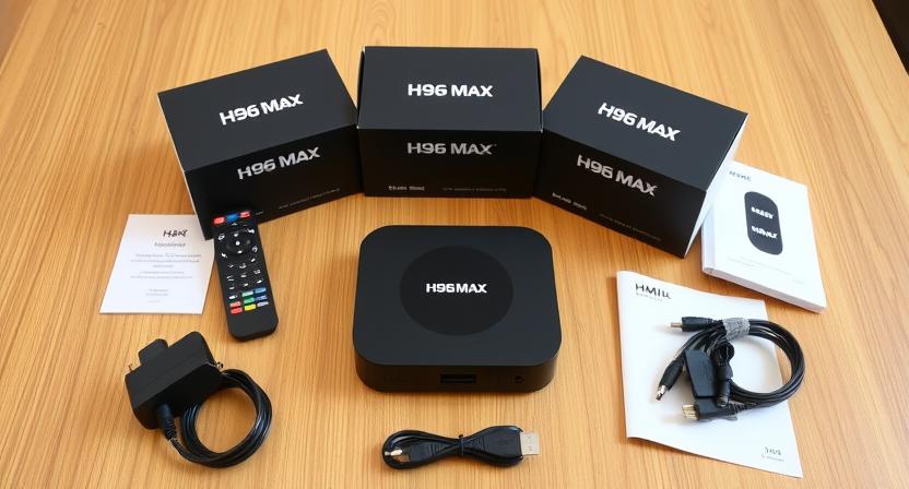 H96 Max Android TV box with accessories displayed for bulk buyers