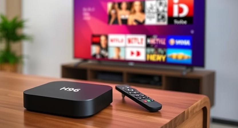 H96 Max H313 TV Box and remote on a wooden table with streaming UI on screen H96 Max H313 TV Box and remote on a wooden table with streaming UI on screen