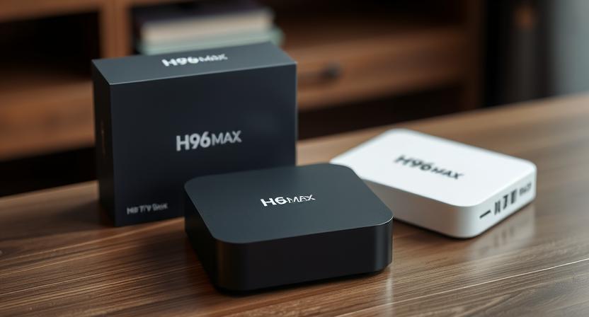 H96 Max H618 PLUS and H728 TV Boxes with logos on wooden table