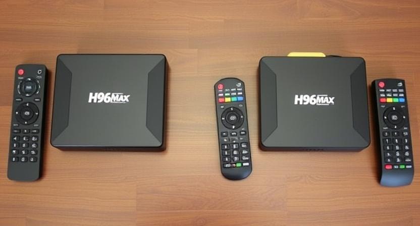 H96 Max H618 Plus and H728 TV boxes placed side-by-side on a wooden surface with remotes H96 Max H618 Plus and H728 TV boxes placed side-by-side on a wooden surface with remotes