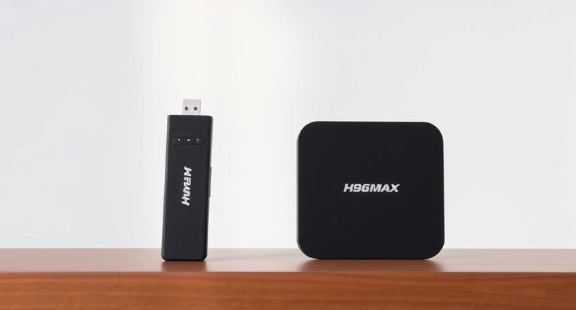 H96 Max M11 TV Stick and M2 PLUS TV Box side by side on display table H96 Max M11 TV Stick and M2 PLUS TV Box side by side on display table