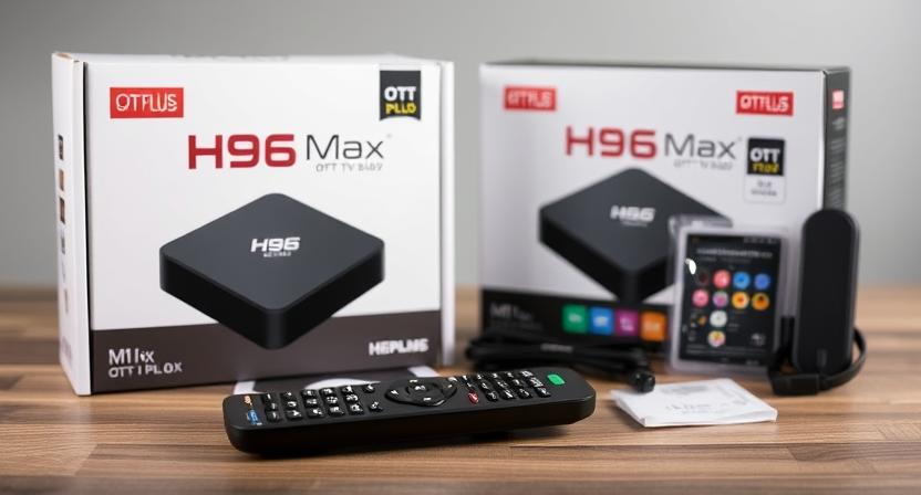 H96 Max M1 PLUS OTT TV box with logo and remote placed next to retail packaging