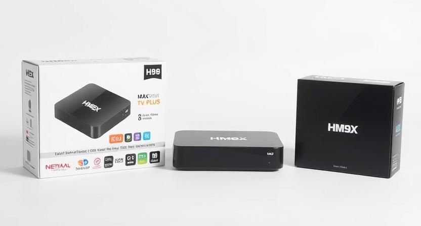 H96 Max M1 PLUS and RK3518 TV boxes with branded packaging and logo design