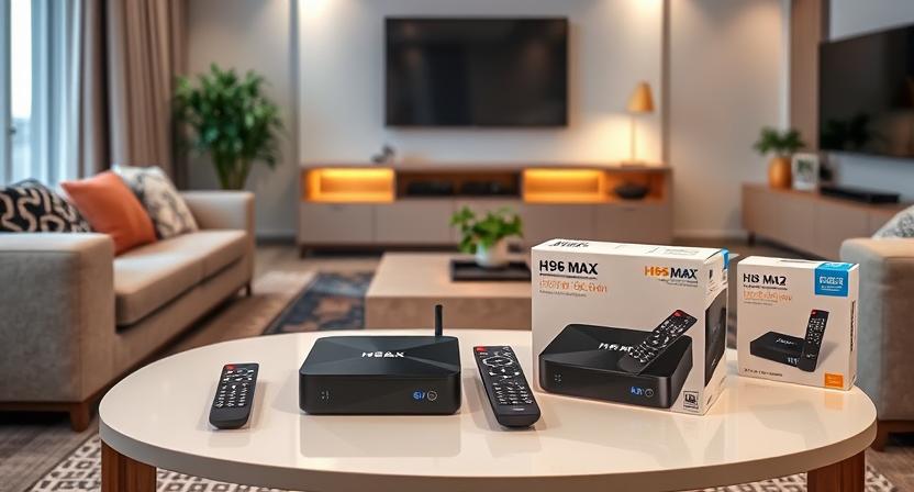 H96 Max M9S TV Box and H96 Max M12 TV Box displayed with remote and packaging H96 Max M9S TV Box and H96 Max M12 TV Box displayed with remote and packaging