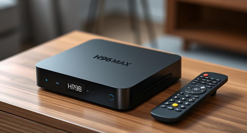 H96 Max M9 4K Android TV box with remote on a wooden table
