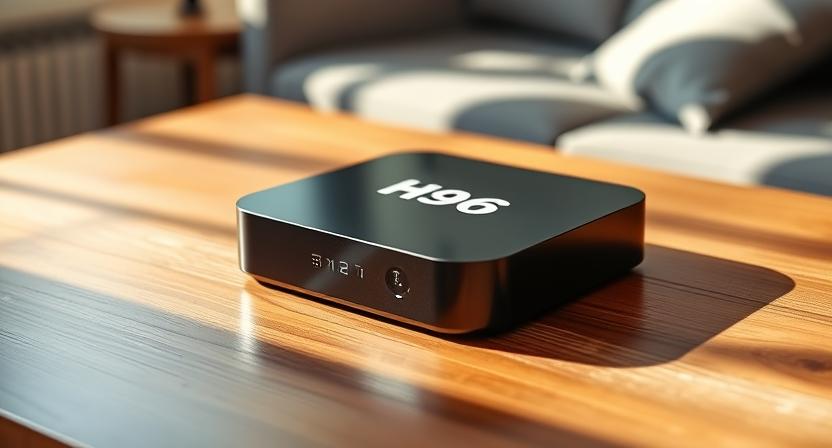 H96 Max TV Box with custom logo on a wooden table