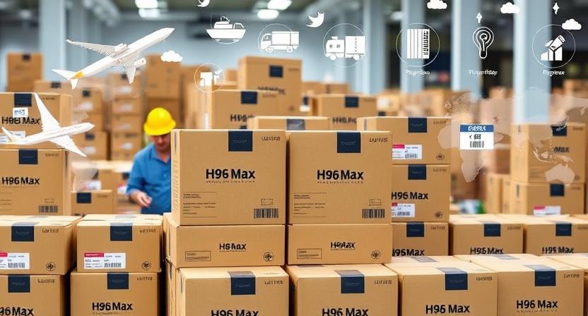 H96 Max TV boxes being packed and labeled for shipping with different logistics icons