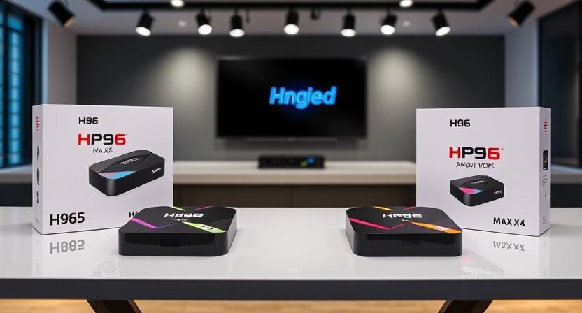 H96 Max X3 and X4 TV boxes with personalized logos and packaging on a display H96 Max X3 and X4 TV boxes with personalized logos and packaging on a display