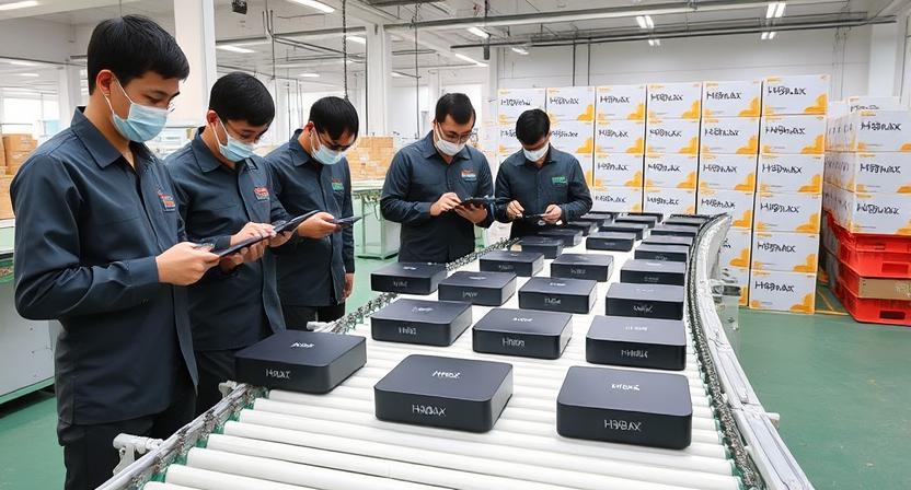 H96 Max factory team inspecting Android TV boxes on production line H96 Max factory team inspecting Android TV boxes on production line
