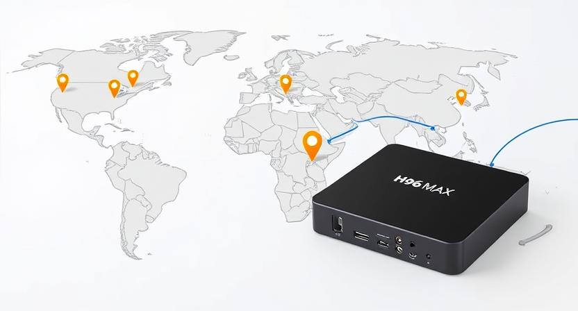 Map highlighting global shipping destinations for H96 Max TV boxes