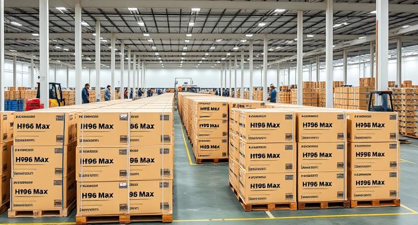 Modern Android TV box factory warehouse with stacked products ready for distribution Modern Android TV box factory warehouse with stacked products ready for distribution