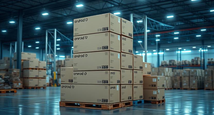 Modern B2B warehouse with media devices
