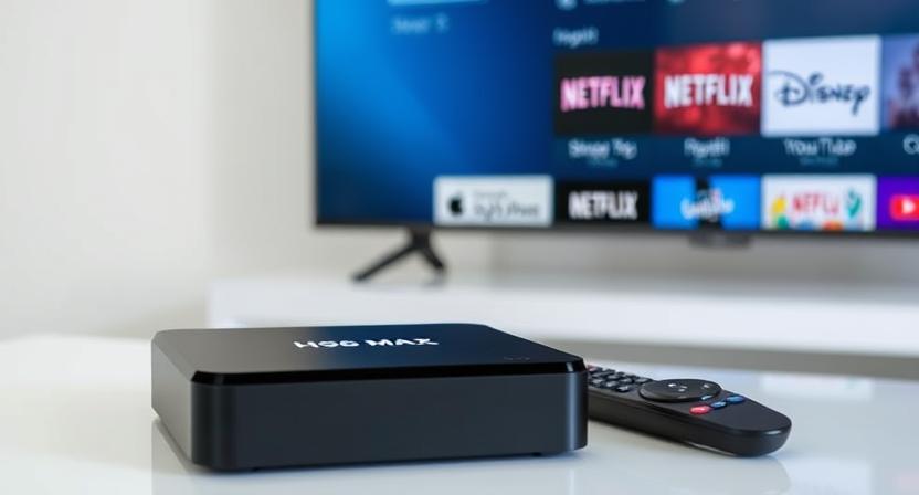 Modern OTT TV box with logo connected to a smart TV streaming apps