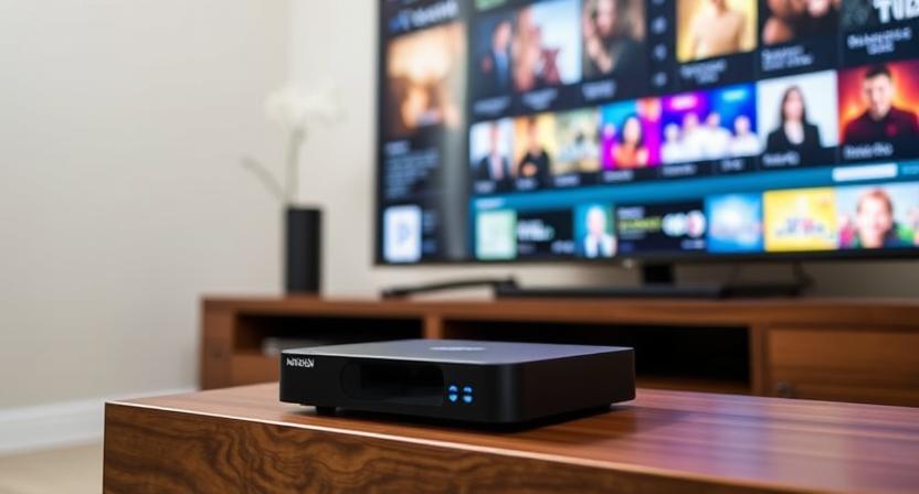 Modern black Android TV box connected to a large TV screen streaming movies Modern black Android TV box connected to a large TV screen streaming movies