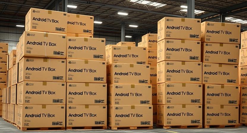 Modern bulk smart TV boxes stacked in a warehouse, ready for shipment to resellers Modern bulk smart TV boxes stacked in a warehouse, ready for shipment to resellers