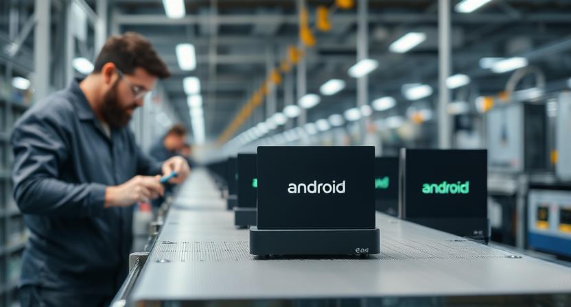Modern factory assembly line with branded Android TV boxes