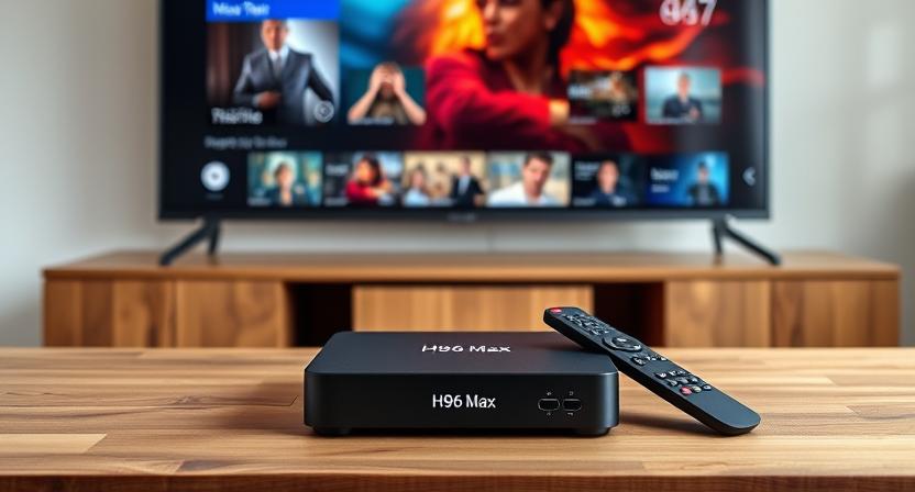 Modern smart TV box with H96 Max logo connected to a large TV streaming movies Modern smart TV box with H96 Max logo connected to a large TV streaming movies