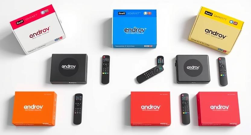 High-quality OEM Android TV boxes in colorful retail packaging, each box featuring a prominently displayed custom company logo, realistic 3D product rendering, modern and clean presentation, with TV boxes and matching remote controls arranged neatly on a white background, soft shadows, bright lighting, professional e-commerce style, focus on branding and customization. High-quality OEM Android TV boxes in colorful retail packaging, each box featuring a prominently displayed custom company logo, realistic 3D product rendering, modern and clean presentation, with TV boxes and matching remote controls arranged neatly on a white background, soft shadows, bright lighting, professional e-commerce style, focus on branding and customization.