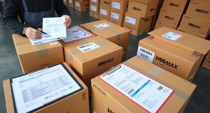 OEM TV box shipping preparation with labels, barcodes, and export documents