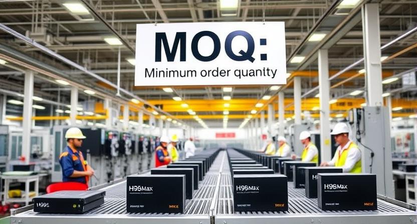 A modern OEM production line inside a spacious factory, showing multiple Android TV boxes (with visible H96 Max logos) moving along a conveyor belt. A clear, large sign displaying ‘MOQ: Minimum Order Quantity’ is prominently hung above the production area. Factory workers wearing uniforms and safety gear are monitoring the assembly process. Bright lighting and clean environment highlight the high-tech manufacturing setup. A modern OEM production line inside a spacious factory, showing multiple Android TV boxes (with visible H96 Max logos) moving along a conveyor belt. A clear, large sign displaying ‘MOQ: Minimum Order Quantity’ is prominently hung above the production area. Factory workers wearing uniforms and safety gear are monitoring the assembly process. Bright lighting and clean environment highlight the high-tech manufacturing setup.