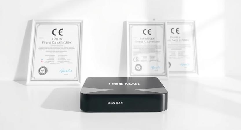 Official CE, FCC, RoHS, and ISO9001 certifications displayed with H96 Max Android TV box