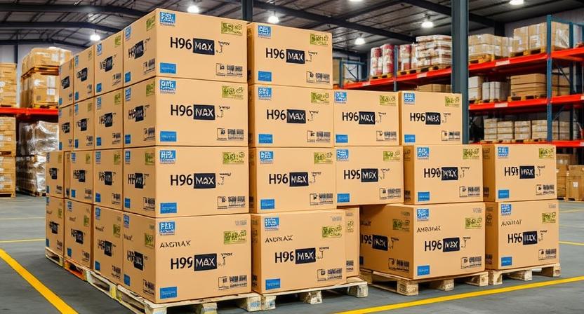 Packaged H96 Max Android TV boxes ready for shipment with custom branding