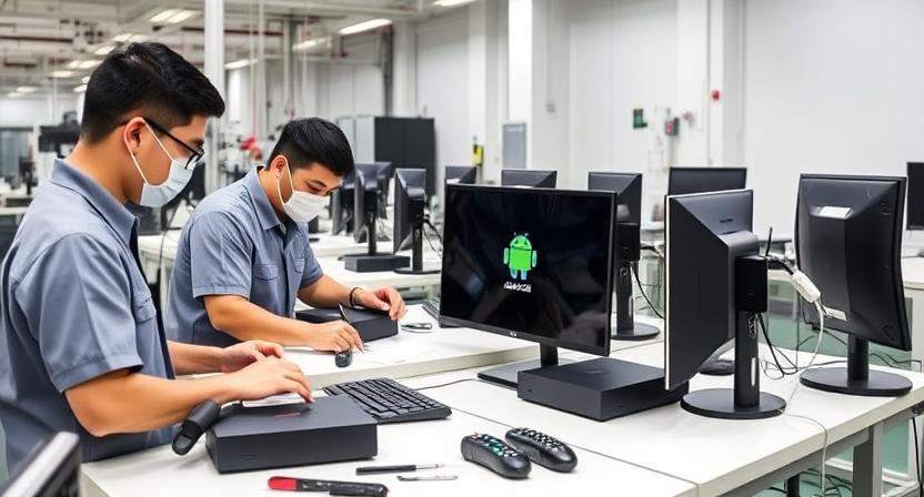 Quality control team testing Android TV boxes before shipment Quality control team testing Android TV boxes before shipment