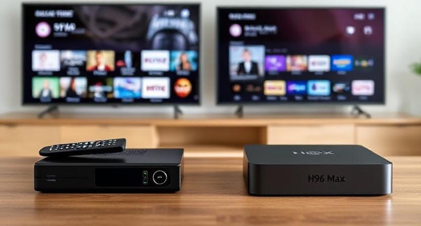 Side-by-side comparison of settop box and smart TV box on a table Side-by-side comparison of settop box and smart TV box on a table