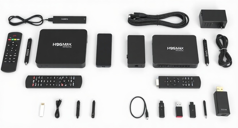 Side-by-side display of H96 Max H313 TV Box and TV Stick with accessories Side-by-side display of H96 Max H313 TV Box and TV Stick with accessories