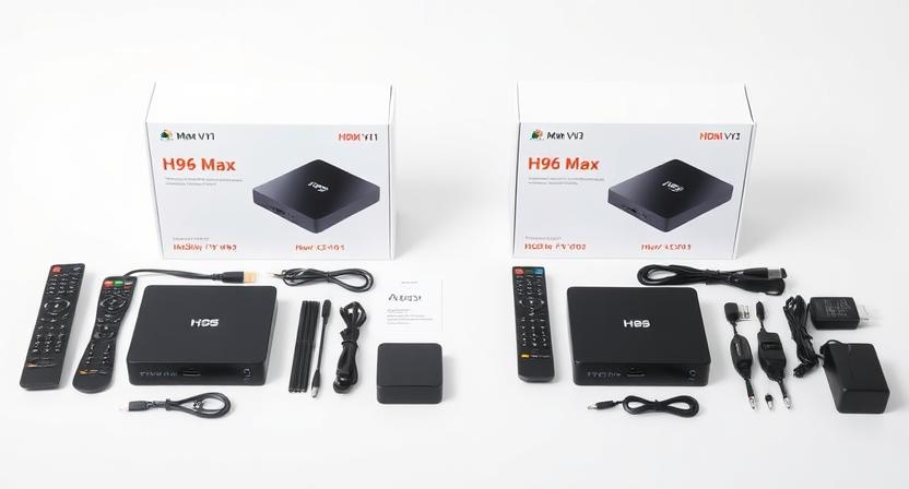Side-by-side display of H96 Max V11 and V12 TV Boxes with accessories Side-by-side display of H96 Max V11 and V12 TV Boxes with accessories