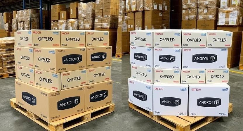 Side-by-side display of multiple custom-branded Android TV boxes ready for shipment Side-by-side display of multiple custom-branded Android TV boxes ready for shipment