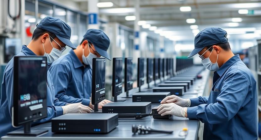 Skilled workers inspecting H96 Max Android TV Boxes in modern factory environment