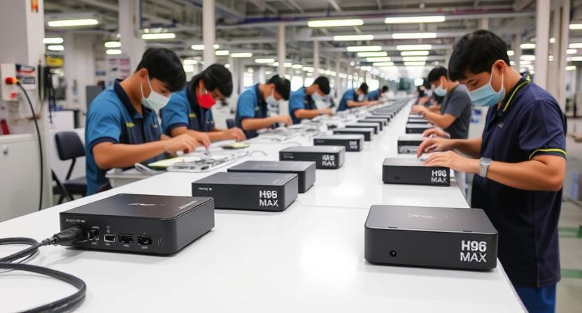 Small H96 Max Android TV Boxes Assembly on Clean Factory Line Small H96 Max Android TV Boxes Assembly on Clean Factory Line