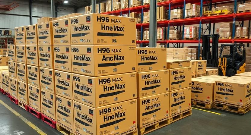 Stack of bulk Android TV boxes ready for distribution in a warehouse 