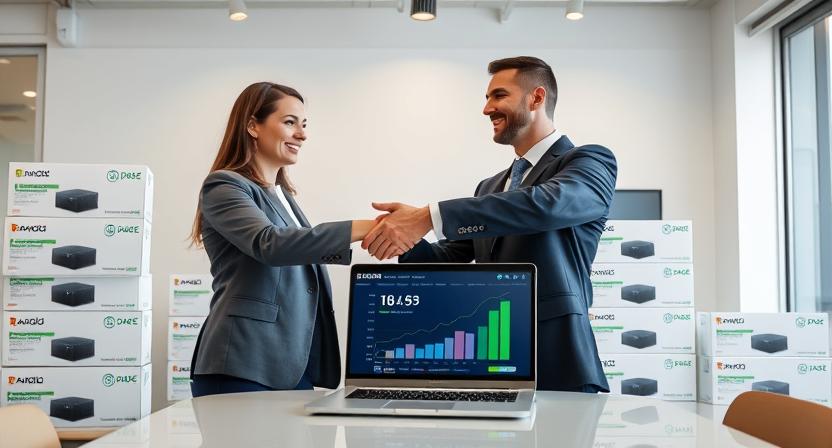 Stacked Android TV Boxes with handshake and growth chart, representing trusted supplier partnership Stacked Android TV Boxes with handshake and growth chart, representing trusted supplier partnership