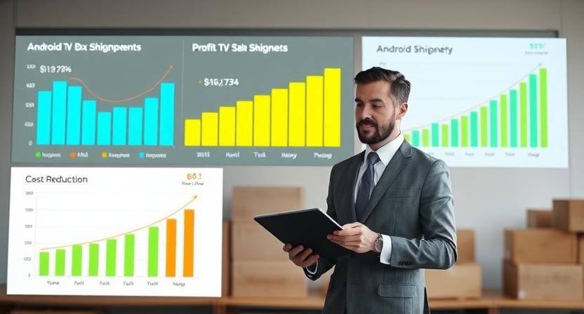 Stacked Android TV Boxes with upward and downward arrows representing boosted sales and reduced costs Stacked Android TV Boxes with upward and downward arrows representing boosted sales and reduced costs