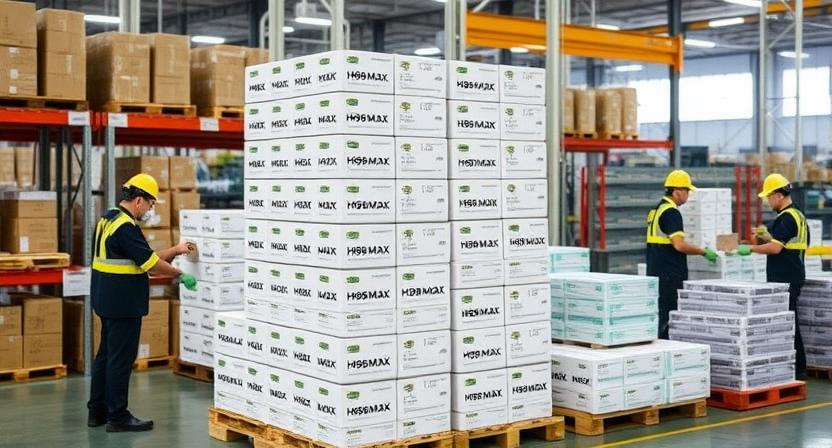 Stacked H96 Max branded Android TV boxes ready for shipping with factory workers