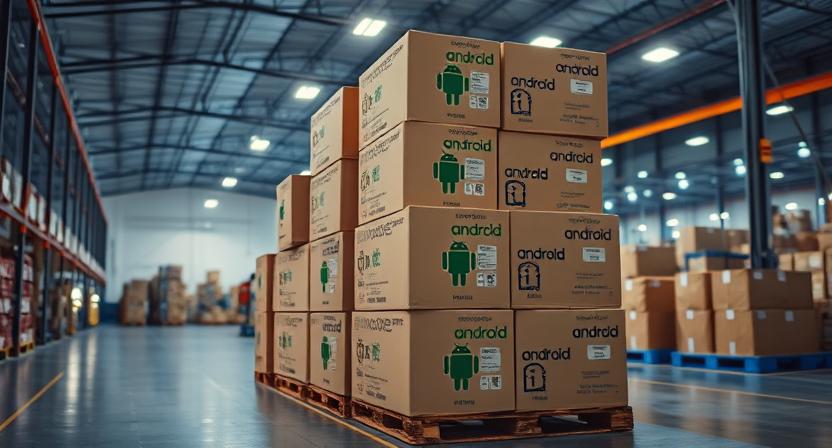 TV boxes on conveyor in distribution center