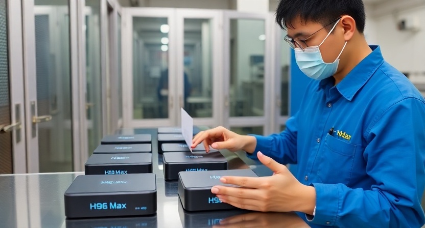 Technician checking H96 Max TV box during aging test