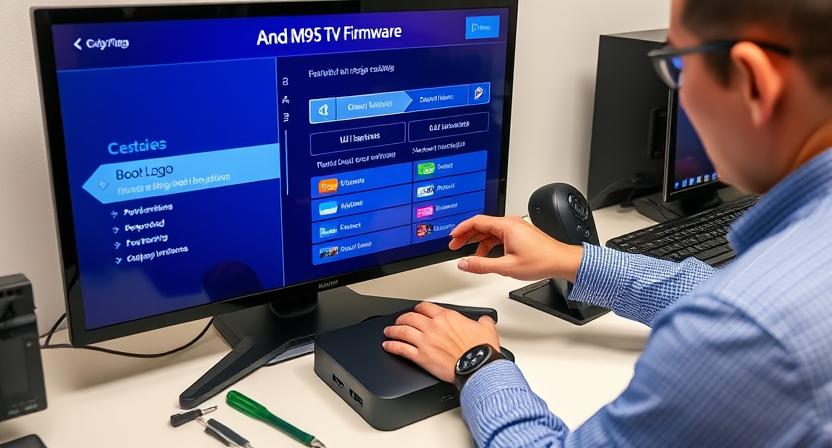 Technician configuring OEM firmware development on H96 Max M9S TV Box. Technician configuring OEM firmware development on H96 Max M9S TV Box.