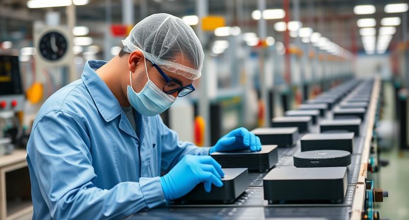 Technician inspecting small Android TV boxes on a factory line for QA purposes