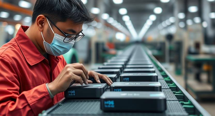 Technician inspecting small H96 Max Android TV Boxes