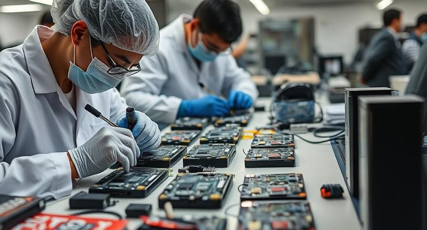 Technicians customizing Android TV Box PCBAs with branded elements Technicians customizing Android TV Box PCBAs with branded elements