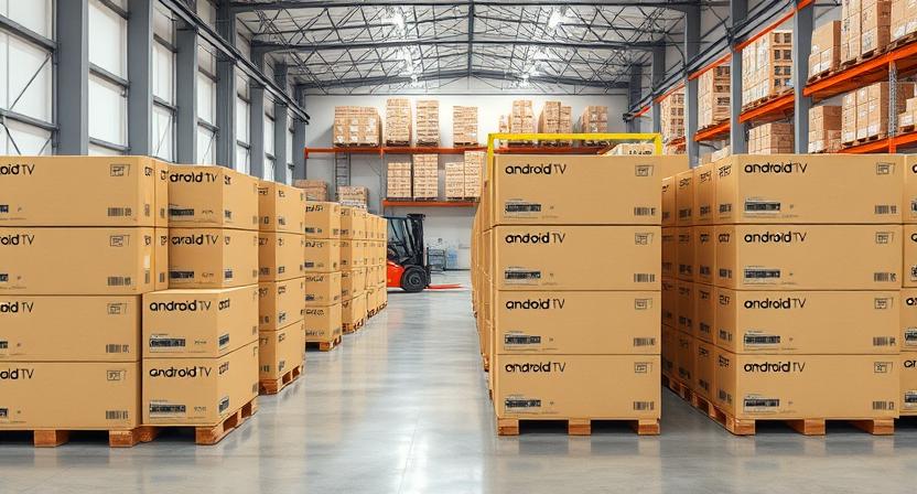 Warehouse with stacked cartons of Android TV boxes ready for export Warehouse with stacked cartons of Android TV boxes ready for export