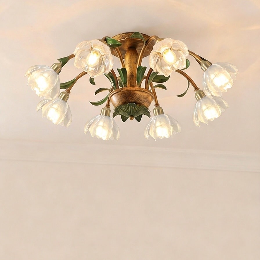 Rustic Blossom 3D Printed Ceiling Light – Vintage Wooden Base Floral Lamp