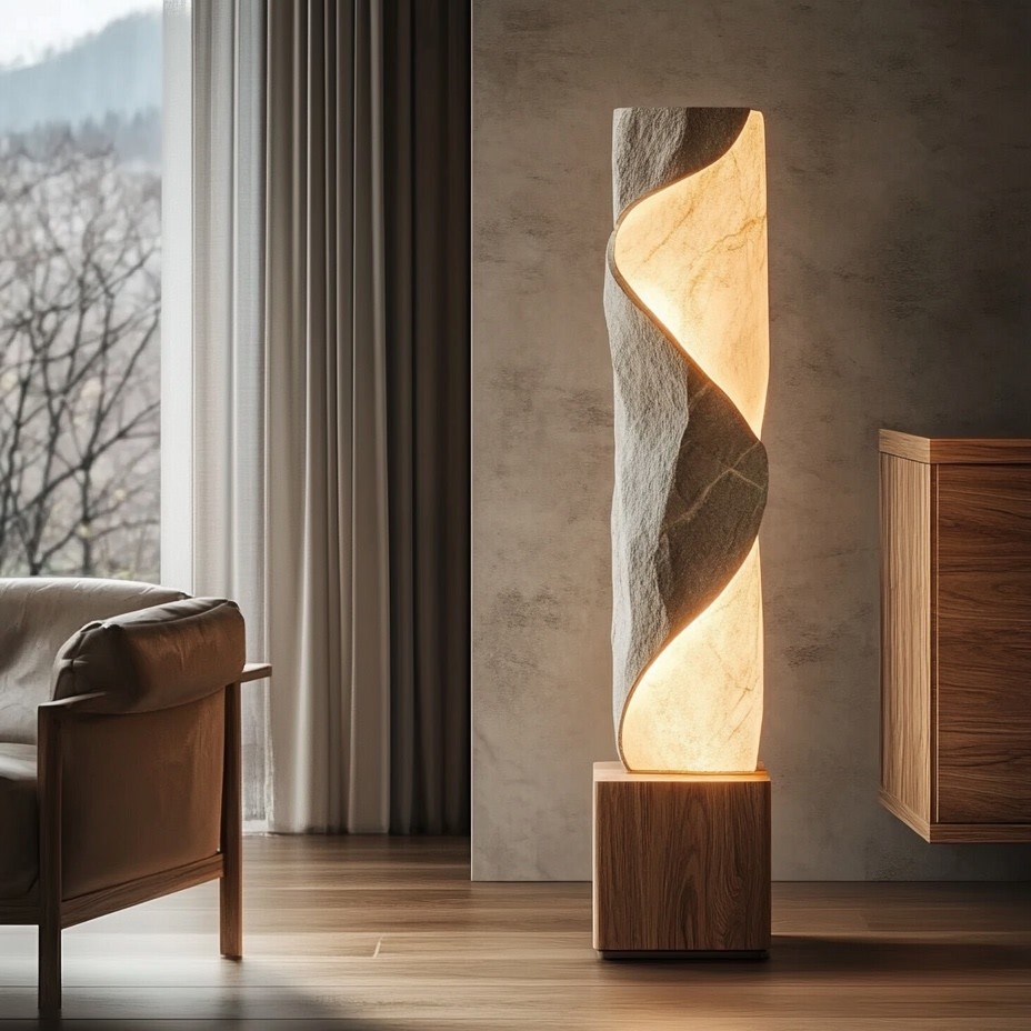 Twisted Stone Column 3D Printed Floor Lamp – Modern Earthy Light