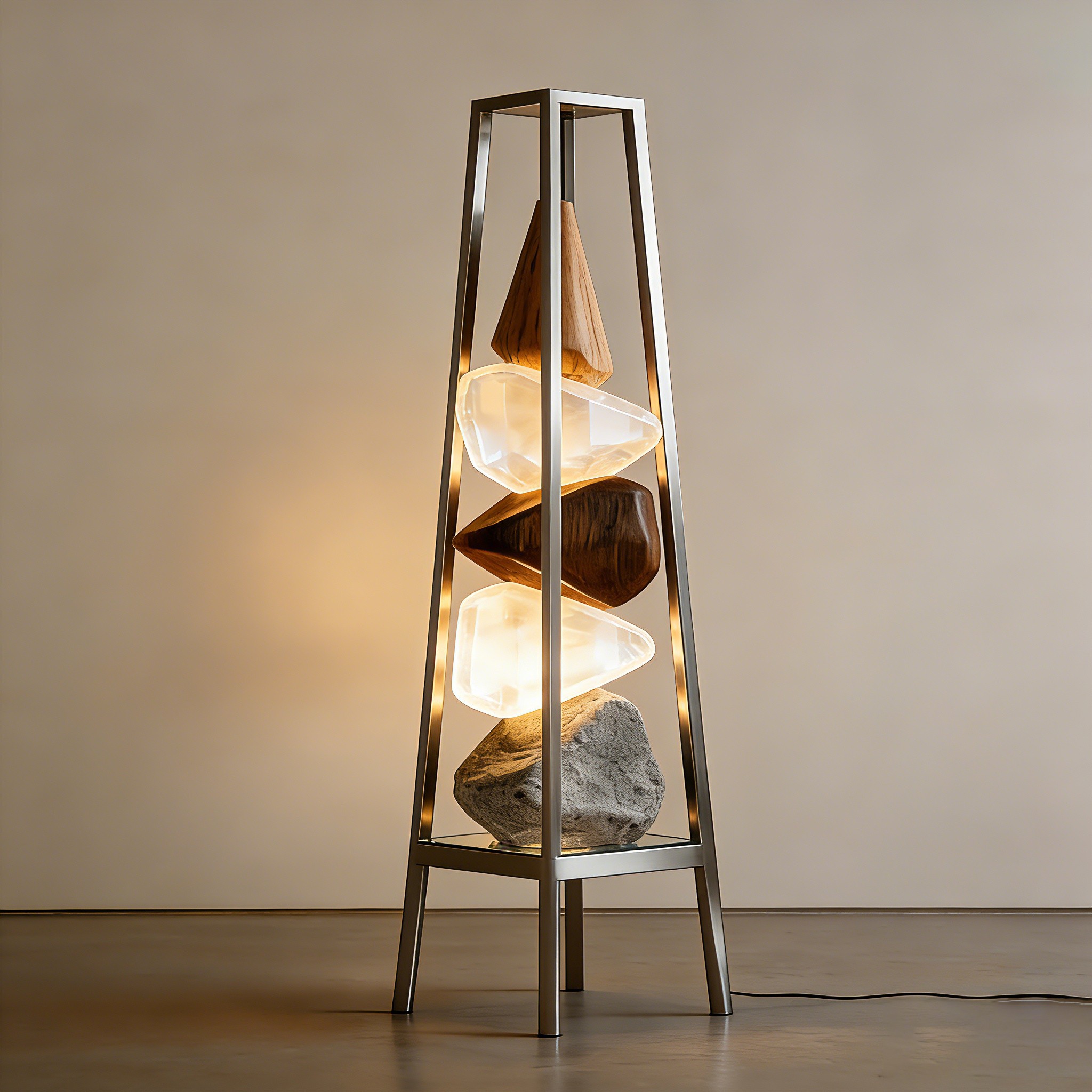 Modern 3D Printed Stone & Wood Floor Lamp - Sculptural LED Art Light