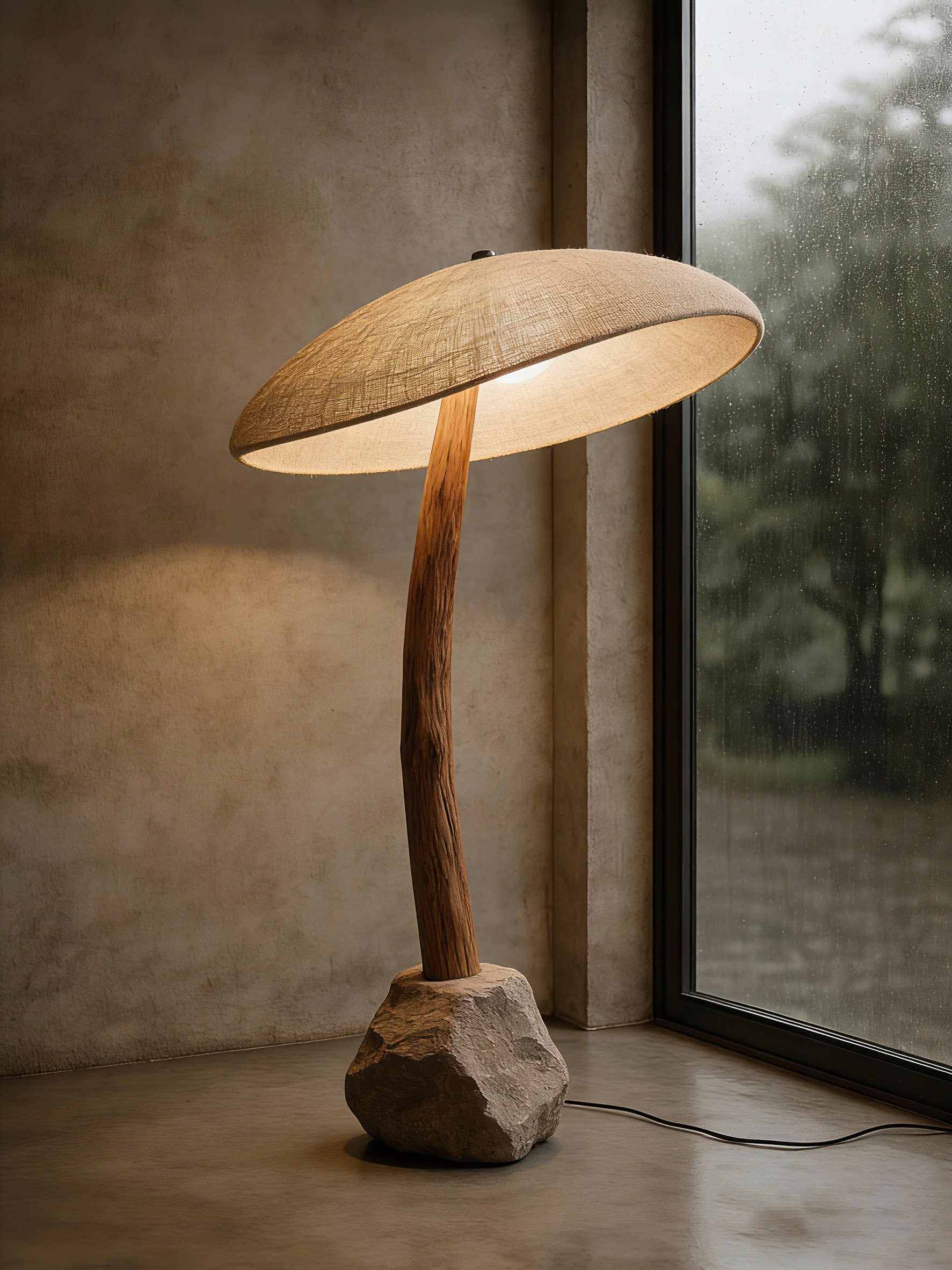 Rustic Rock & Wood Mushroom Lamp