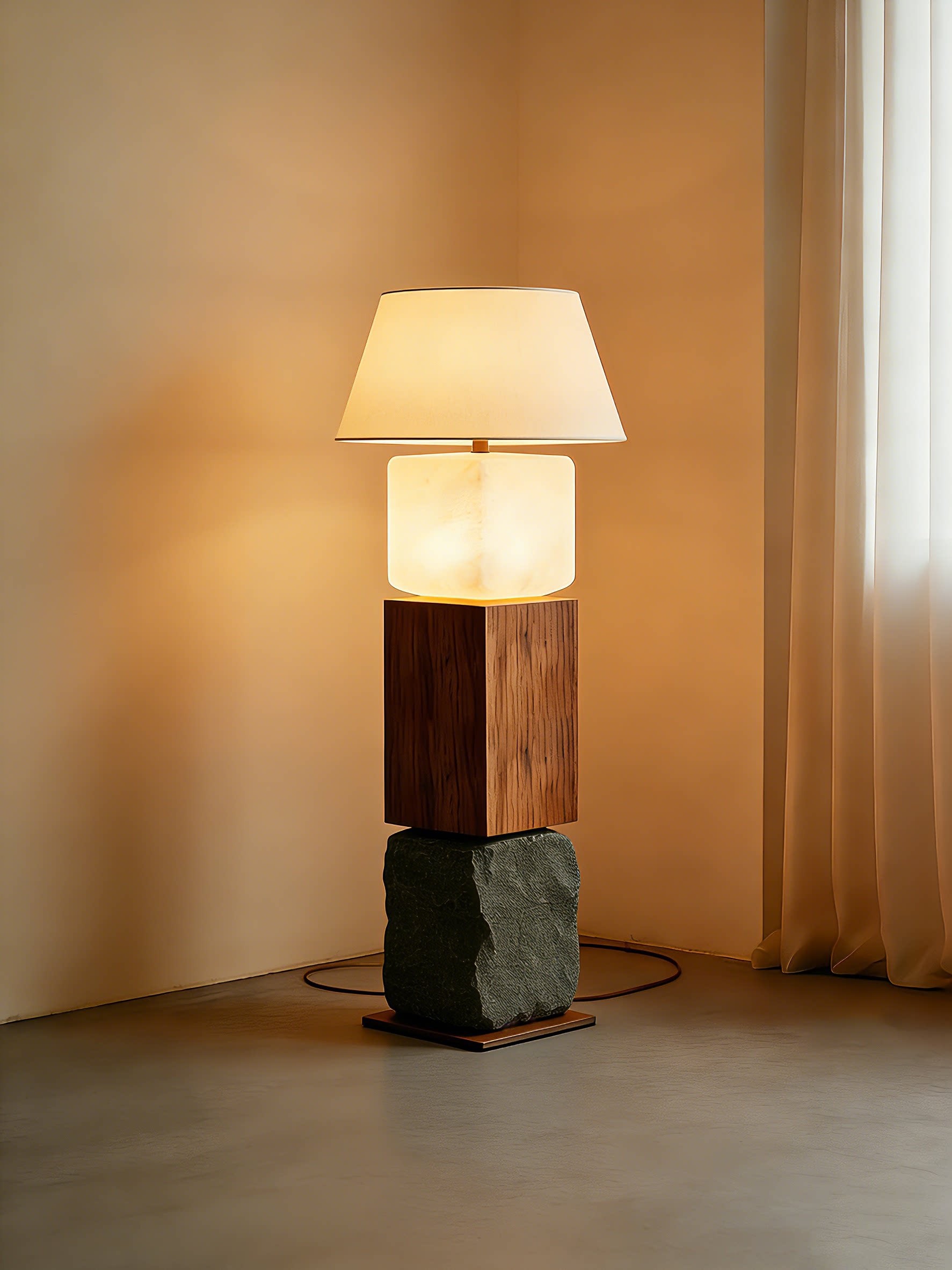 Stone & Wood Tiered Floor Lamp