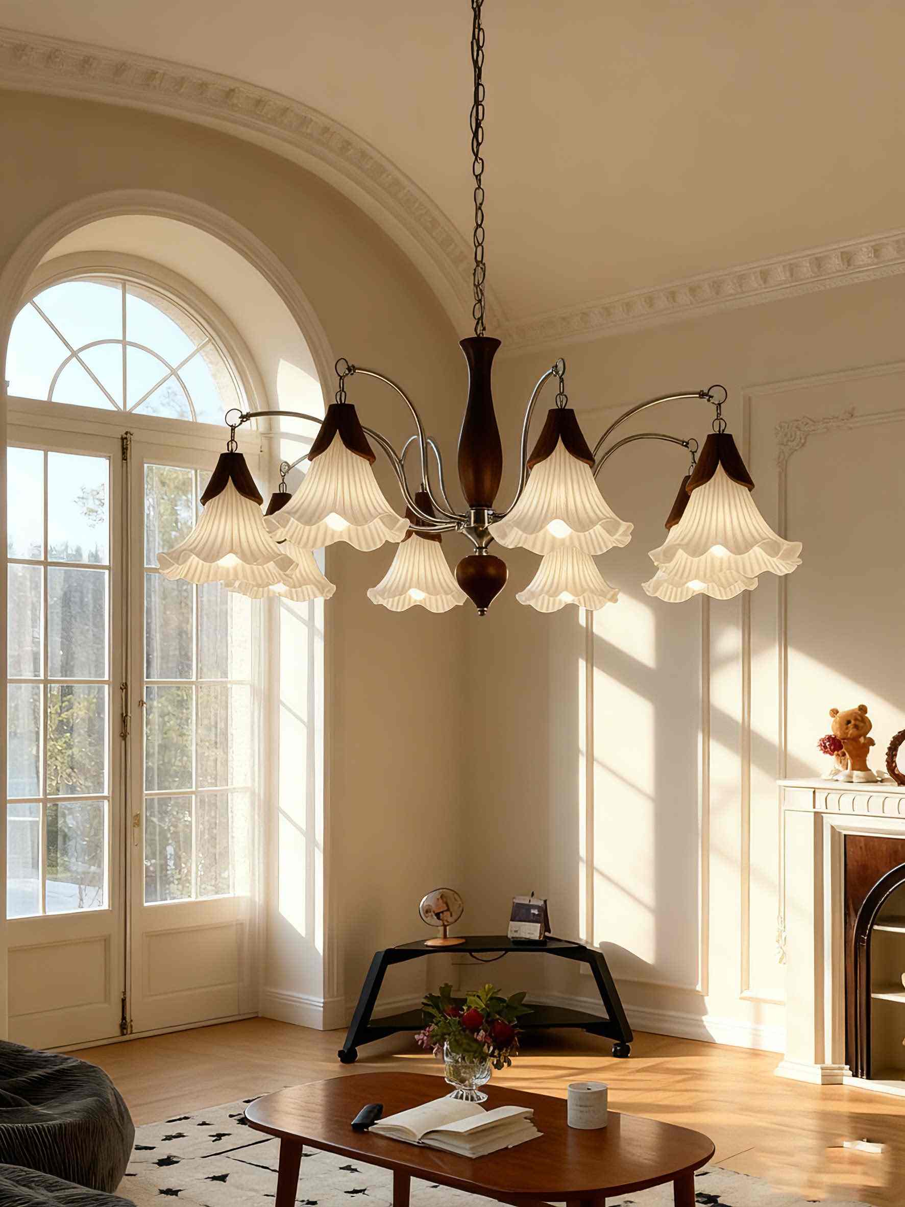 3D Printed Tulip Petal Chandelier with Dark Wood Accents